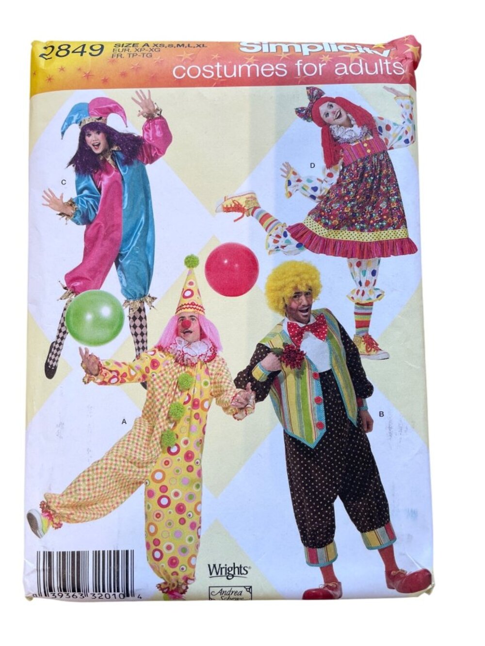 Simplicity 2849 Costume Sewing Pattern Size XS–XL Clown & Jester Outfits UNCUT